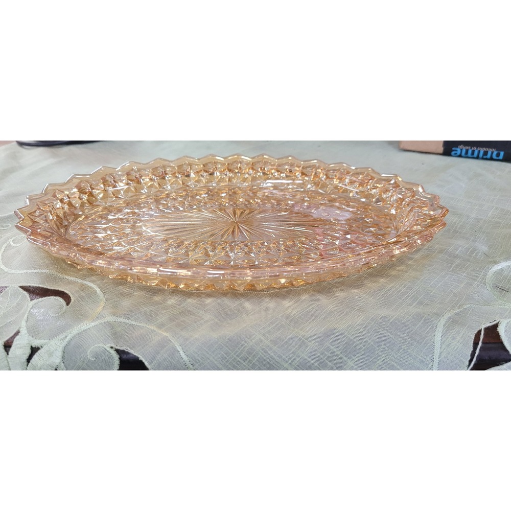 Vintage Marigold Carnival Glass Oval Platter Diamond Point Scalloped Dish